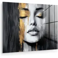 MuchoWow Glasschilderij 160x120 cm - Schilderij acrylglas - Gezicht - Vrouw - Penseelstreken - Abstract - Foto op glas - Muurdecoratie woonkamer - Wanddecoratie slaapkamer - Schilderijen