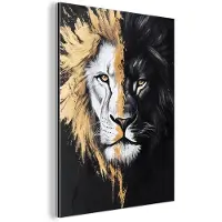 MuchoWow Aluminium schilderij 60x80 cm - Wanddecoratie metaal - Leeuw - Gesplitst - Zwart - Lijn - Metalen muurdecoratie woonkamer - Decoratie industrieel - Foto op dibond - Industriële accessoires slaapkamer