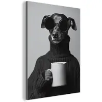 MuchoWow Aluminium schilderij 120x160 cm - Wanddecoratie metaal - Coltrui - Hond - Bril - Mok - Metalen muurdecoratie woonkamer - Decoratie industrieel - Foto op dibond - Industriële accessoires slaapkamer