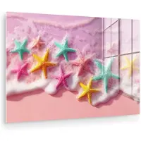 MuchoWow Glasschilderij 180x120 cm - Schilderij acrylglas - Zeesterren - Strand - Golven - Foto op glas - Muurdecoratie woonkamer - Wanddecoratie slaapkamer - Schilderijen
