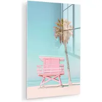 MuchoWow Glasschilderij 120x180 cm - Schilderij acrylglas - Palmboom - Strandhuis - Roze - Foto op glas - Muurdecoratie woonkamer - Wanddecoratie slaapkamer - Schilderijen