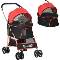 PawHut Hundewagen, 2 in 1 Hundetrolley, Tragetasche, faltbarer Hundebuggy mit Kissen, Katzenwagen für kleine Hunde, Katzen, Katzenbuggy mit 4 Rädern, Netzfenster, Oxfordstoff, Rot