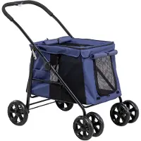 PawHut Hundewagen, faltbarer Hundebuggy, Hundetrolley mit Kissen, Katzenbuggy bis 20 kg, Katzenwagen für kleine und mittelgroße Hunde mit Seitentaschen, Netzfenster, Oxford-Gewebe, Blau