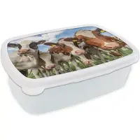 MuchoWow Broodtrommel Wit - Lunchbox - Brooddoos - Koeien - Dieren - Weiland - Natuur - 18x12x6 cm - Volwassenen