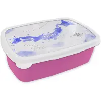 MuchoWow Broodtrommel Roze - Lunchbox - Brooddoos - Waterverf - Wereldkaart - Blauw - 18x12x6 cm - Kinderen - Meisje