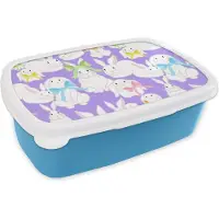 MuchoWow Broodtrommel Blauw - Lunchbox - Brooddoos - Patronen - Konijn - Paars - Lente - 18x12x6 cm - Kinderen - Jongen