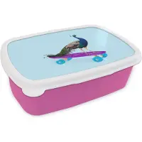 MuchoWow Broodtrommel Roze - Lunchbox - Brooddoos - Pauw - Blauw - Skateboard - Dieren - Grappig - 18x12x6 cm - Kinderen - Meisje
