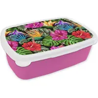MuchoWow Broodtrommel Roze - Lunchbox - Brooddoos - Tropisch - Patronen - Bloemen - Monstera - 18x12x6 cm - Kinderen - Meisje
