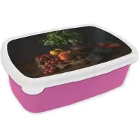 MuchoWow Broodtrommel Roze - Lunchbox - Brooddoos - Stilleven - Tomaten - Basilicum - Schilderij - Groente - Zwart - 18x12x6 cm - Kinderen - Meisje