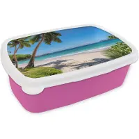 MuchoWow Broodtrommel Roze - Lunchbox - Brooddoos - Strand - Zee - Palmbomen - Zon - 18x12x6 cm - Kinderen - Meisje