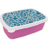 MuchoWow Broodtrommel Roze - Lunchbox - Brooddoos - Blauw - Patronen - Veren - Maan - 18x12x6 cm - Kinderen - Meisje