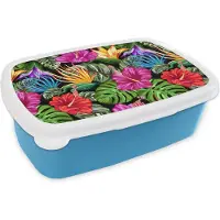 MuchoWow Broodtrommel Blauw - Lunchbox - Brooddoos - Tropisch - Patronen - Bloemen - Monstera - 18x12x6 cm - Kinderen - Jongen