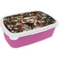MuchoWow Broodtrommel Roze - Lunchbox - Brooddoos - Bloem - Vrouwen - Portret - Botanisch - 18x12x6 cm - Kinderen - Meisje