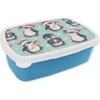 MuchoWow Broodtrommel Blauw - Lunchbox - Brooddoos - Pinguïn - Lichtsnoer - Kerstkrans - Patronen - 18x12x6 cm - Kinderen - Jongen