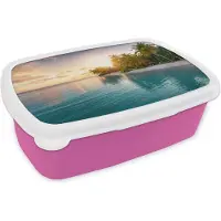 MuchoWow Broodtrommel Roze - Lunchbox - Brooddoos - Strand - Zee - Eiland - Tropisch - 18x12x6 cm - Kinderen - Meisje