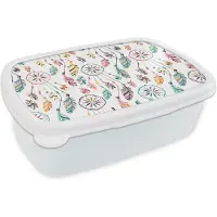 MuchoWow Broodtrommel Wit - Lunchbox - Brooddoos - Patroon - Dromenvanger - Veren - Pluimen - 18x12x6 cm - Volwassenen