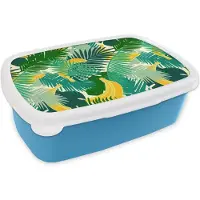 MuchoWow Broodtrommel Blauw - Lunchbox - Brooddoos - Tropisch - Bladeren - Jungle - Patronen - 18x12x6 cm - Kinderen - Jongen