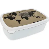 MuchoWow Broodtrommel Wit - Lunchbox - Brooddoos - Wereldkaart - Zwart - Olifant - 18x12x6 cm - Volwassenen
