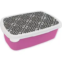MuchoWow Broodtrommel Roze - Lunchbox - Brooddoos - Patronen - Zwart Wit - Doolhof - 18x12x6 cm - Kinderen - Meisje