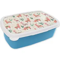 MuchoWow Broodtrommel Blauw - Lunchbox - Brooddoos - Lama - Patronen - Cactus - 18x12x6 cm - Kinderen - Jongen