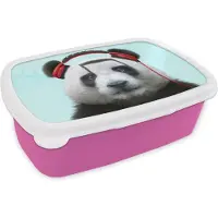 MuchoWow Broodtrommel Roze - Lunchbox - Brooddoos - Panda - Koptelefoon - Dier - Muzieknoten - Rood - 18x12x6 cm - Kinderen - Meisje