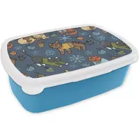 MuchoWow Broodtrommel Blauw - Lunchbox - Brooddoos - Kat - Dieren - Kerst - Patroon - 18x12x6 cm - Kinderen - Jongen