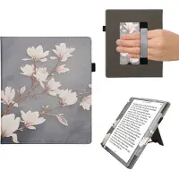 Kwmobile e-reader hoesje geschikt voor Pocketbook InkPad Eo / Bigme InkNote Color+ hoes - E reader flip case van kunstleer - Ereader cover met stand - Magnolia design in taupe / wit / blauwgrijs