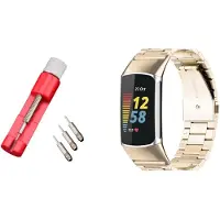 Strap-it Stalen Smartwatch band + Toolkit - Geschikt voor Fitbit Charge 5 / Fitbit Charge 6 stalen band - champagne - Horlogeband / Polsband / Armband - RVS armband - Stalen schakel band