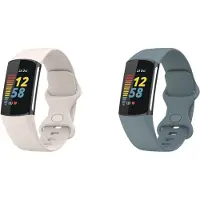 Strap-it Bundel van 2 Siliconen bandjes - Geschikt voor Fitbit Charge 5 Maat: S - Grijsblauw & Zand wit - Sport bandje - Sportamband - Siliconen band - Horlogeband / Polsband / Armband