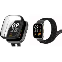 Strap-it Nylon Smartwatch Band + TPU Case (Zwart) - Geschikt voor Redmi Watch 3 - Zwart - Horlogeband / Polsband / Armband - Geweven Band - Zachte Nylon Band - Waterbestendig & ademend ontwerp
