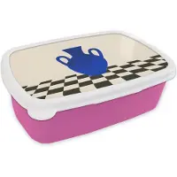 MuchoWow Broodtrommel Roze - Lunchbox Vaas - Blauw - Geblokt - Modern - Brooddoos 18x12x6 cm - Brood lunch box - Broodtrommels voor kinderen en volwassenen