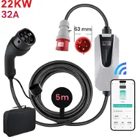 Junsun Draagbare 22kW 32A 3-Fase EV Laadkabel - Type 2 Laadpaal met App/WiFi Bediening, 5M Kabel + LCD Scherm & Opbergtas - 6A/8A/10A/13A/16A Schakelbaar - IEC62196-2 & IP65
