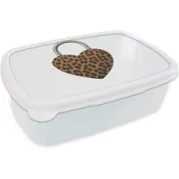 MuchoWow Broodtrommel Wit - Lunchbox Slot - Hartvormig - Bruin - Panterprint - Brooddoos 18x12x6 cm - Brood lunch box - Broodtrommels voor kinderen en volwassenen