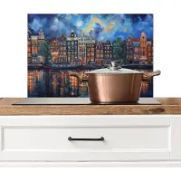 KitchenYeah Spatscherm keuken 60x40 cm - Kookplaat achterwand Grachten Amsterdam - Huizen - Stad - Kleurrijk - Muurbeschermer - Spatwand fornuis - Hoogwaardig aluminium