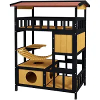 PawHut Katzenhaus aus Holz Katzenhöhle mit Plattformen, Hängebrück, Katzenhütte für bis zu 2 Katzen, Innen- und Außenbereich, Gelb