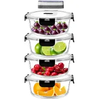 OEM 1300 ML Glazen Vershouddozen met Deksel - 4 Stuks - Ronde Maaltijdprep Dozen Glas met Deksel - Verzegelde Glazen Container voor Verse Maaltijden - Zwart