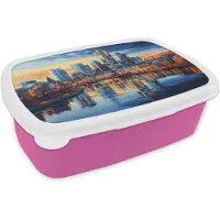 MuchoWow Broodtrommel Roze - Lunchbox Zonsondergang Frankfurt - Stad - Skyline - Water - Brooddoos 18x12x6 cm - Brood lunch box - Broodtrommels voor kinderen en volwassenen