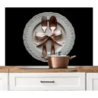 KitchenYeah Spatscherm keuken 120x80 cm - Kookplaat achterwand Rose - Strik - Bestek - Muurbeschermer - Spatwand fornuis - Hoogwaardig aluminium