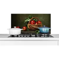 KitchenYeah Spatscherm keuken 90x45 cm - Kookplaat achterwand Rustiek - Appel - Fruit - Rood - Mand - Stilleven - Muurbeschermer - Spatwand fornuis - Hoogwaardig aluminium