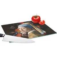 KitchenYeah Glazen Snijplank - 28x20 - Meisje met de parel - Vermeer - Bloemen - Snijplanken Glas