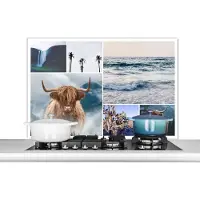 KitchenYeah Spatscherm keuken 100x65 cm - Kookplaat achterwand Schotse Hooglander - Collage - Waterval - Palmboom - Muurbeschermer - Spatwand fornuis - Hoogwaardig aluminium