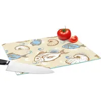 KitchenYeah Glazen Snijplank - 39x28 - Vis - Schelpen - Pastel - Design - Vintage - Snijplanken Glas