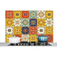 KitchenYeah Spatscherm keuken 120x80 cm - Kookplaat achterwand Vintage - Bloemen - Patroon - Wit - Oranje - Muurbeschermer - Spatwand fornuis - Hoogwaardig aluminium