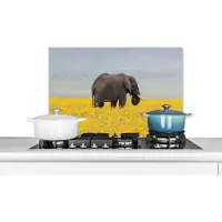 KitchenYeah Spatscherm keuken 70x50 cm - Kookplaat achterwand Olifant - Bloemen - Natuur - Geel - Dieren - Muurbeschermer - Spatwand fornuis - Hoogwaardig aluminium