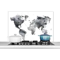 KitchenYeah Spatscherm keuken 100x65 cm - Kookplaat achterwand Wereldkaart - Abstract - Grijs - Waterverf - Muurbeschermer - Spatwand fornuis - Hoogwaardig aluminium