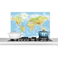 KitchenYeah Spatscherm keuken 90x60 cm - Kookplaat achterwand Wereldkaart - Staatkundig - Blauw - Aarde - Educatief - Muurbeschermer - Spatwand fornuis - Hoogwaardig aluminium