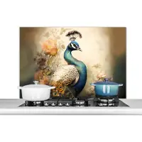 KitchenYeah Spatscherm keuken 100x65 cm - Kookplaat achterwand Pauw - Pauwenveren - Bloemen - Vogels - Botanisch - Muurbeschermer - Spatwand fornuis - Hoogwaardig aluminium