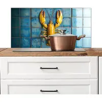 KitchenYeah Spatscherm keuken 90x45 cm - Kookplaat achterwand Kreeft - Geel - Blauw - Tegels - Muurbeschermer - Spatwand fornuis - Hoogwaardig aluminium