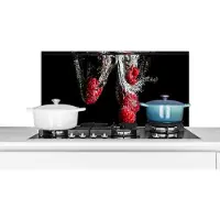 KitchenYeah Spatscherm keuken 80x40 cm - Kookplaat achterwand Frambozen - Fruit - Stilleven - Water - Zwart - Rood - Muurbeschermer - Spatwand fornuis - Hoogwaardig aluminium
