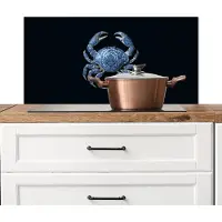 KitchenYeah Spatscherm keuken 90x45 cm - Kookplaat achterwand Krab - Delfts blauw - Dieren - Muurbeschermer - Spatwand fornuis - Hoogwaardig aluminium